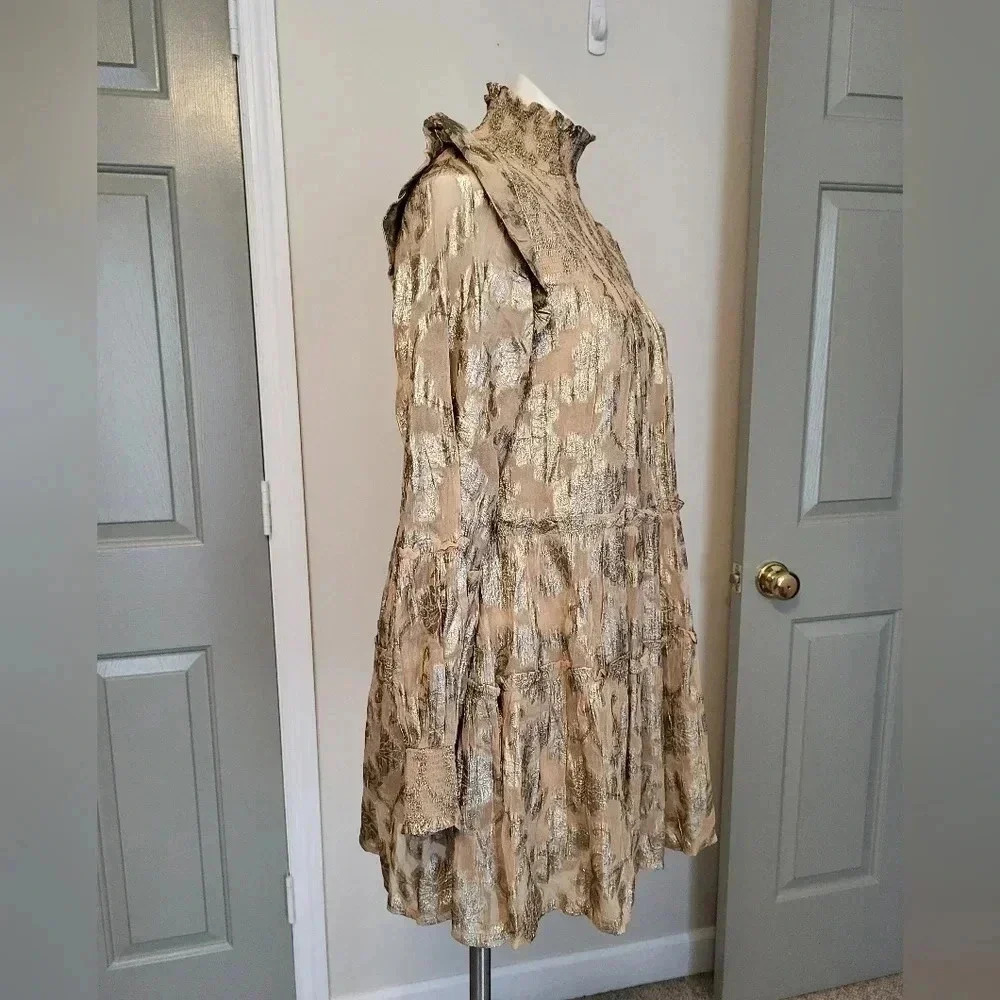 Elan Floral Metallic Mock Neck Smocked Tiered Long Sleeve Mini Dress(M)NWT - Picture 2 of 9